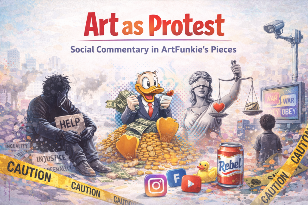 Light, modern featured image illustrating art as protest through ArtFunkie’s pop and street art–inspired social commentary.