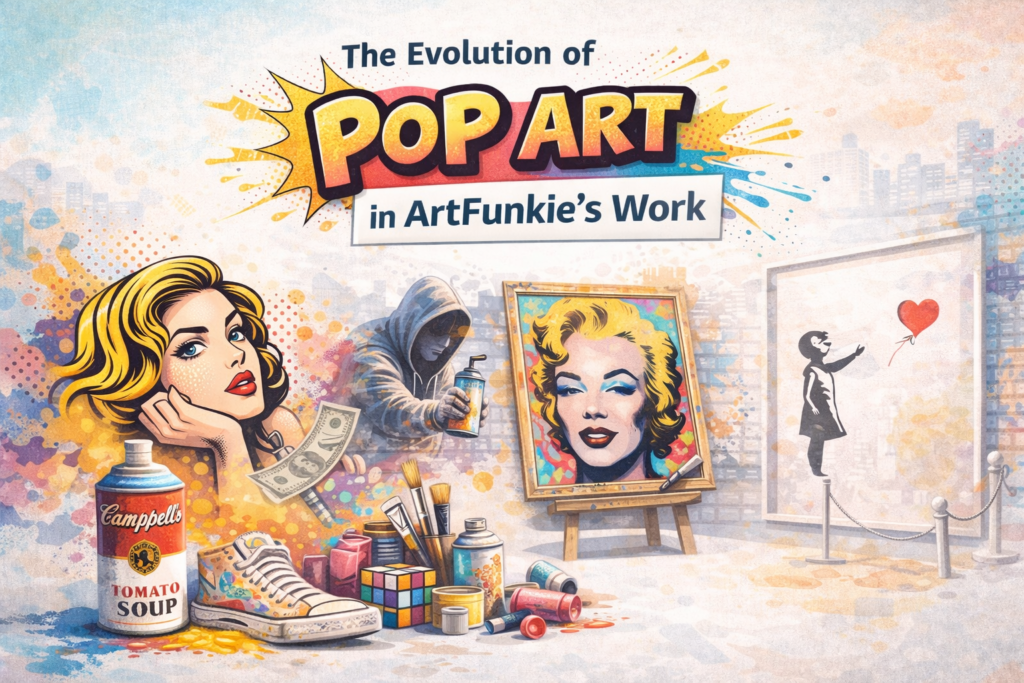 Clean, minimalist illustration representing how pop art evolves in ArtFunkie’s work, influenced by street culture and modern life.