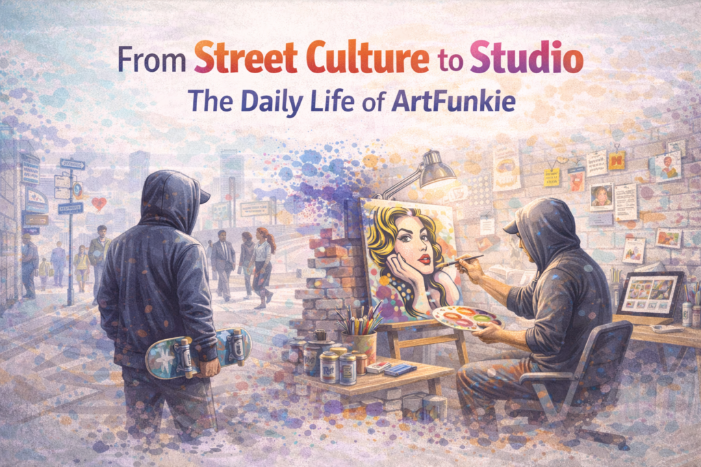 Modern, minimal featured image illustrating ArtFunkie’s daily creative process from street culture inspiration to focused studio work