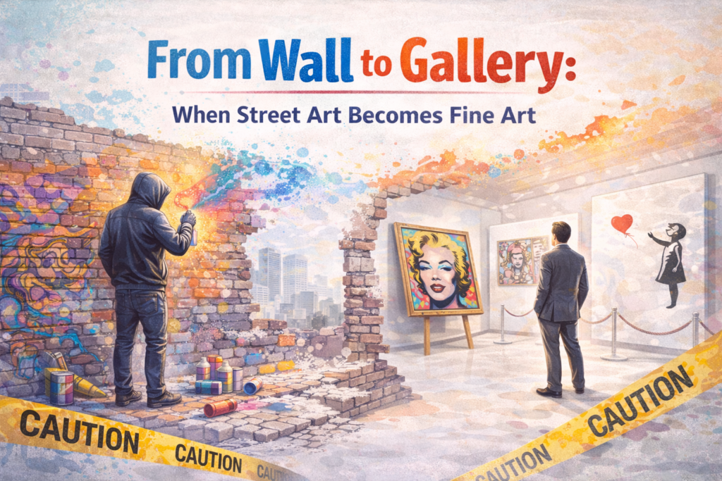 Light, modern featured image illustrating the transition of street art from urban walls into gallery-recognized fine art.