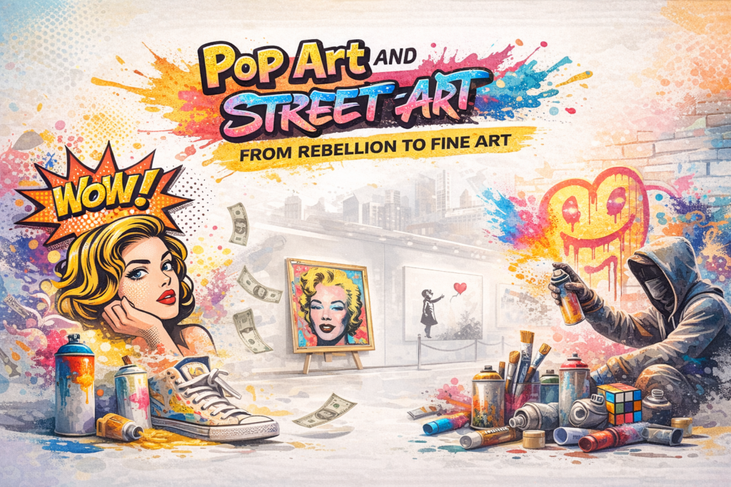 Light, modern featured image illustrating pop art and street art evolving from rebellion and counterculture into contemporary fine art.