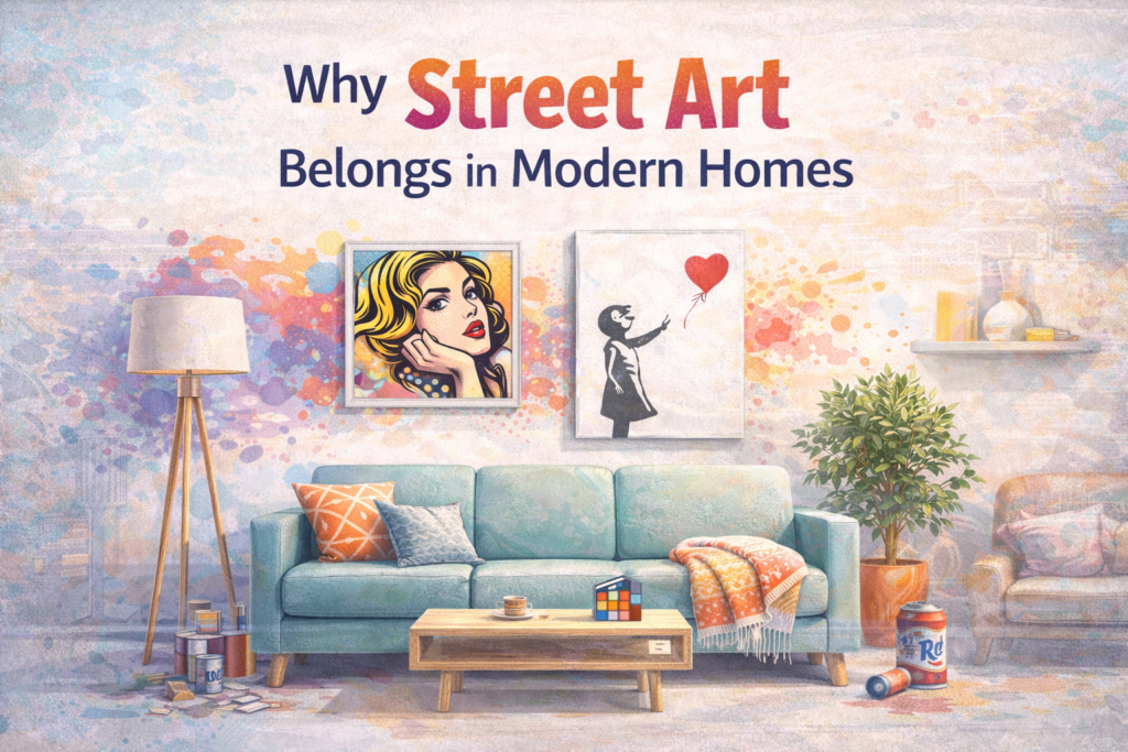 Modern, minimalist featured image showing street art displayed inside a contemporary home interior, highlighting why street art belongs in modern living spaces.